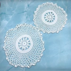 set of two vintage handmade doilies, 7" and 8" round, cream, white, sun pattern